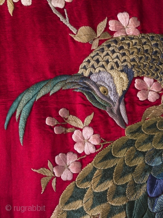 Superb Matching Pair Meiji Peacock Embroideries

A very rare and exceptional pair of Japanese silk wall hangings, circa 1890.  Aprox 122cm x 276cm each. (48 x 108 inches)

The design, of three peacocks among  ...