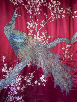 Superb Matching Pair Meiji Peacock Embroideries

A very rare and exceptional pair of Japanese silk wall hangings, circa 1890.  Aprox 122cm x 276cm each. (48 x 108 inches)

The design, of three peacocks among  ...