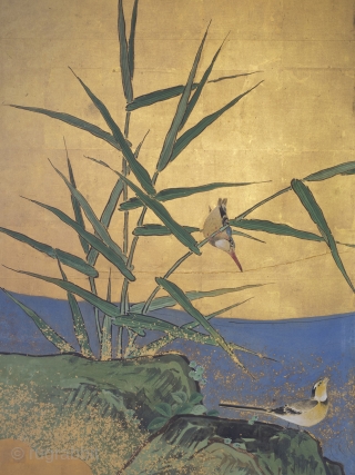 Late Edo/early Meiji period four leaf byobu screen featuring a particularly striking design of water birds and foliage along a stream. 168cm x 254cm (66inches x 100 inches). Unknown Kano school painter, circa  ...