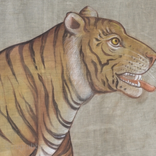 A highly decorative and very rare Indian Tiger painting. Late 19th/ early 20th century. Rajasthan, oil pigments on cloth, later black cloth backing, 105cm x 155cm.



An especially fine example, the drawing is  ...