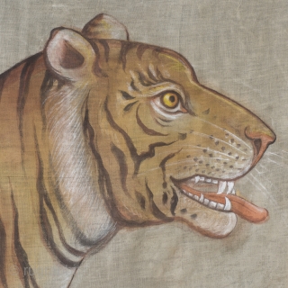 A highly decorative and very rare Indian Tiger painting. Late 19th/ early 20th century. Rajasthan, oil pigments on cloth, later black cloth backing, 105cm x 155cm.



An especially fine example, the drawing is  ...