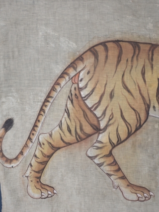 A highly decorative and very rare Indian Tiger painting. Late 19th/ early 20th century. Rajasthan, oil pigments on cloth, later black cloth backing, 105cm x 155cm.



An especially fine example, the drawing is  ...