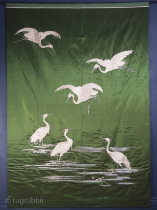 Large Green Japanese Silk Wall Hanging (212cm x 151 cm), 1870’s.

A lovely example, the deceptively simple composition of six cranes is elegant, beautifully balanced and boldly executed. The positioning of the cranes  ...