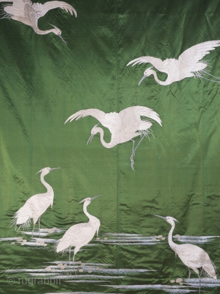 Large Green Japanese Silk Wall Hanging (212cm x 151 cm), 1870’s.

A lovely example, the deceptively simple composition of six cranes is elegant, beautifully balanced and boldly executed. The positioning of the cranes  ...