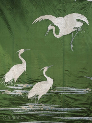 Large Green Japanese Silk Wall Hanging (212cm x 151 cm), 1870’s.

A lovely example, the deceptively simple composition of six cranes is elegant, beautifully balanced and boldly executed. The positioning of the cranes  ...
