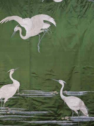 Large Green Japanese Silk Wall Hanging (212cm x 151 cm), 1870’s.

A lovely example, the deceptively simple composition of six cranes is elegant, beautifully balanced and boldly executed. The positioning of the cranes  ...