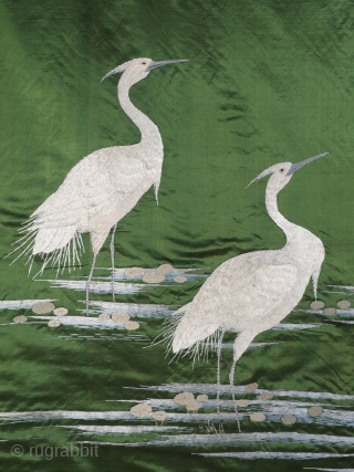 Large Green Japanese Silk Wall Hanging (212cm x 151 cm), 1870’s.

A lovely example, the deceptively simple composition of six cranes is elegant, beautifully balanced and boldly executed. The positioning of the cranes  ...