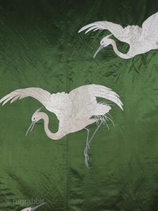 Large Green Japanese Silk Wall Hanging (212cm x 151 cm), 1870’s.

A lovely example, the deceptively simple composition of six cranes is elegant, beautifully balanced and boldly executed. The positioning of the cranes  ...