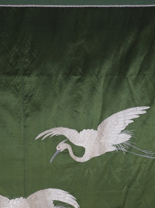 Large Green Japanese Silk Wall Hanging (212cm x 151 cm), 1870’s.

A lovely example, the deceptively simple composition of six cranes is elegant, beautifully balanced and boldly executed. The positioning of the cranes  ...