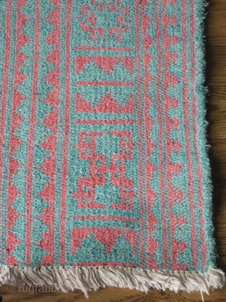Mid Century Pink And Turquoise Yazd Zilu

275cm x 158cm, circa 1950

Exceptionally beautiful and bold colour combination on this flat-weave from the desert province of Yazd. The complex and highly skilled weaving technique  ...