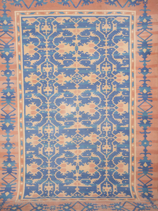 Fine Blue and Coral Dhurrie Rug


An exceptionally fine Indian cotton Dhurrie rug in blue and coral, with a highly unusual Lotto design* more commonly associated with early Turkish carpets. India, circa 1940. 275cm  ...