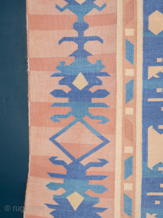 Fine Blue and Coral Dhurrie Rug


An exceptionally fine Indian cotton Dhurrie rug in blue and coral, with a highly unusual Lotto design* more commonly associated with early Turkish carpets. India, circa 1940. 275cm  ...