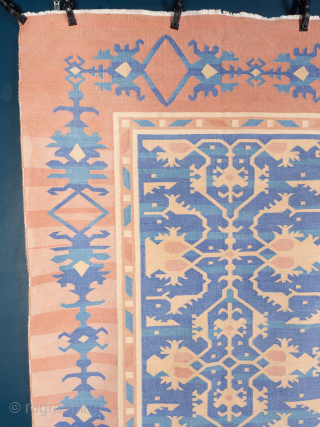 Fine Blue and Coral Dhurrie Rug


An exceptionally fine Indian cotton Dhurrie rug in blue and coral, with a highly unusual Lotto design* more commonly associated with early Turkish carpets. India, circa 1940. 275cm  ...