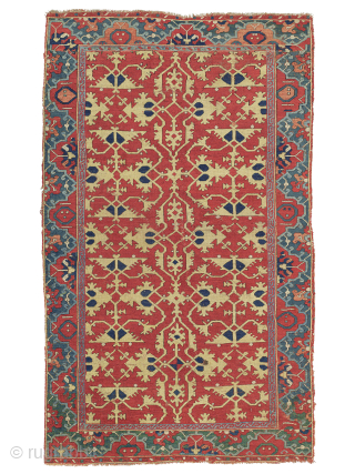 Fine Blue and Coral Dhurrie Rug


An exceptionally fine Indian cotton Dhurrie rug in blue and coral, with a highly unusual Lotto design* more commonly associated with early Turkish carpets. India, circa 1940. 275cm  ...