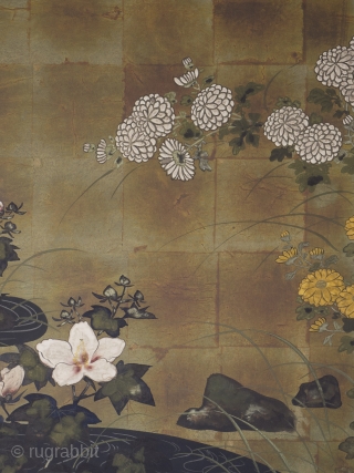 A Rinpa school 4 leaf byobu, mineral pigments and gofun on gold leaf ground. 184cm x 69cm (72.4 x 27 inches). Beautifully drawn and executed, the well balanced composition featuring chrysanthemums and grasses  ...