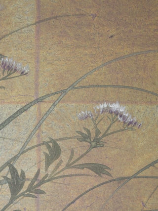 A Rinpa school 4 leaf byobu, mineral pigments and gofun on gold leaf ground. 184cm x 69cm (72.4 x 27 inches). Beautifully drawn and executed, the well balanced composition featuring chrysanthemums and grasses  ...