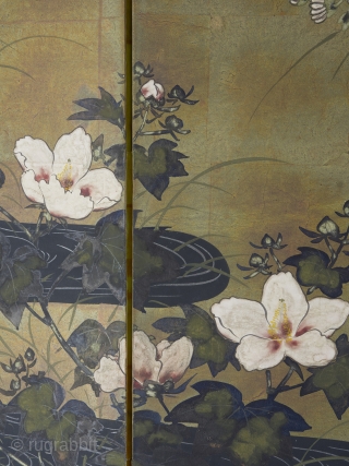 A Rinpa school 4 leaf byobu, mineral pigments and gofun on gold leaf ground. 184cm x 69cm (72.4 x 27 inches). Beautifully drawn and executed, the well balanced composition featuring chrysanthemums and grasses  ...