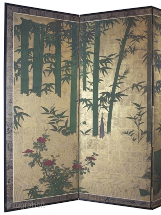 Late 18th Century byobu screen featuring a bold design of a bamboo grove beside a brushwood fence rendered in the moriage relief technique. 168cm x 254cm (66inches x 100 inches). Unknown Kano school painter.

This  ...