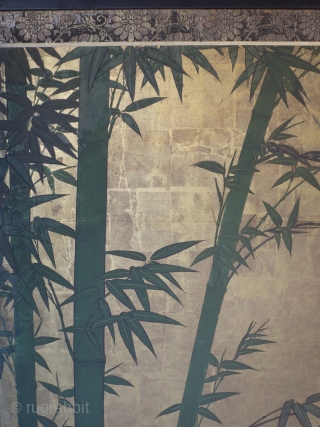 Late 18th Century byobu screen featuring a bold design of a bamboo grove beside a brushwood fence rendered in the moriage relief technique. 168cm x 254cm (66inches x 100 inches). Unknown Kano school painter.

This  ...