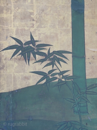 Late 18th Century byobu screen featuring a bold design of a bamboo grove beside a brushwood fence rendered in the moriage relief technique. 168cm x 254cm (66inches x 100 inches). Unknown Kano school painter.

This  ...