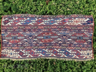 Shahsavan Sumak side panel fragment? 1.5 x 2.11  Very good weave, all natural dyes, 
Good age, I think both sides reduced, area of old reweave.
Some wear.  Check my other items  ...