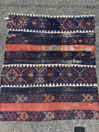 Turkish Kilim / Sumak Weaving front or possibly back a bag
Size: 2’9” x 3’3”   *as is condition *   White is cotton        