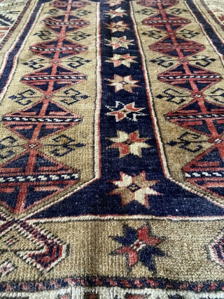 Small Anatolian Kozak rug (thanks John Bakti) with deep natural colors and glossy wool. Three humanoid figures in the border (1 in upper, two in lower). Tribal pattern (similar examples have been  ...