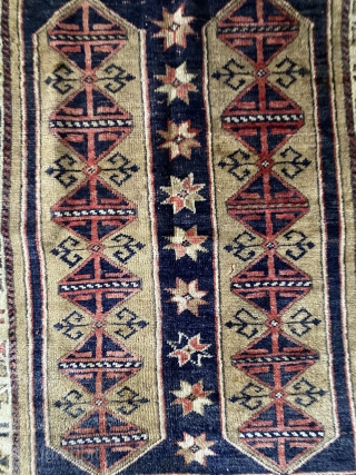 Small Anatolian Kozak rug (thanks John Bakti) with deep natural colors and glossy wool. Three humanoid figures in the border (1 in upper, two in lower). Tribal pattern (similar examples have been  ...