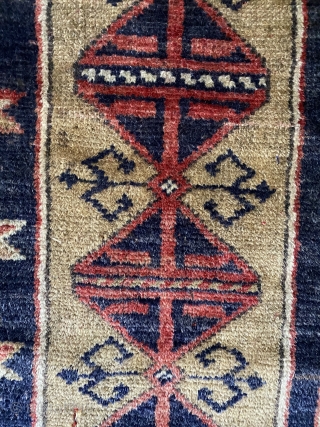 Small Anatolian Kozak rug (thanks John Bakti) with deep natural colors and glossy wool. Three humanoid figures in the border (1 in upper, two in lower). Tribal pattern (similar examples have been  ...