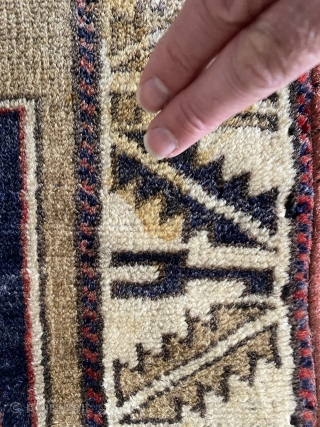 Small Anatolian Kozak rug (thanks John Bakti) with deep natural colors and glossy wool. Three humanoid figures in the border (1 in upper, two in lower). Tribal pattern (similar examples have been  ...