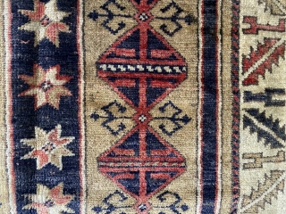 Small Anatolian Kozak rug (thanks John Bakti) with deep natural colors and glossy wool. Three humanoid figures in the border (1 in upper, two in lower). Tribal pattern (similar examples have been  ...