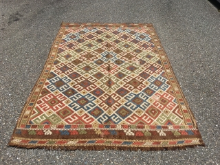 Ancient Shahsavan embroidered kilim. Rare piece, for reference see Tanavoli. Natural brown wool embroidered with large sprawled hooked pattern, reminiscent of Kazak kilims. Best colors, white is cotton. One red dye deeply  ...