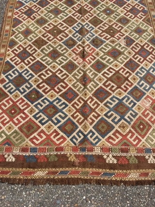 Ancient Shahsavan embroidered kilim. Rare piece, for reference see Tanavoli. Natural brown wool embroidered with large sprawled hooked pattern, reminiscent of Kazak kilims. Best colors, white is cotton. One red dye deeply  ...