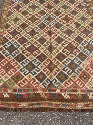 Ancient Shahsavan embroidered kilim. Rare piece, for reference see Tanavoli. Natural brown wool embroidered with large sprawled hooked pattern, reminiscent of Kazak kilims. Best colors, white is cotton. One red dye deeply  ...