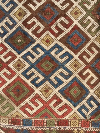 Ancient Shahsavan embroidered kilim. Rare piece, for reference see Tanavoli. Natural brown wool embroidered with large sprawled hooked pattern, reminiscent of Kazak kilims. Best colors, white is cotton. One red dye deeply  ...