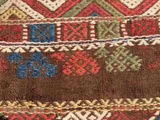 Ancient Shahsavan embroidered kilim. Rare piece, for reference see Tanavoli. Natural brown wool embroidered with large sprawled hooked pattern, reminiscent of Kazak kilims. Best colors, white is cotton. One red dye deeply  ...