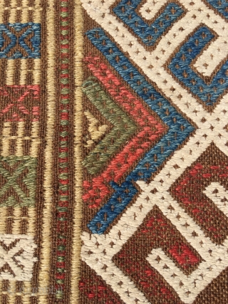 Ancient Shahsavan embroidered kilim. Rare piece, for reference see Tanavoli. Natural brown wool embroidered with large sprawled hooked pattern, reminiscent of Kazak kilims. Best colors, white is cotton. One red dye deeply  ...