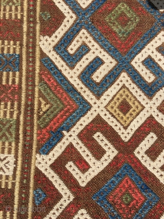 Ancient Shahsavan embroidered kilim. Rare piece, for reference see Tanavoli. Natural brown wool embroidered with large sprawled hooked pattern, reminiscent of Kazak kilims. Best colors, white is cotton. One red dye deeply  ...