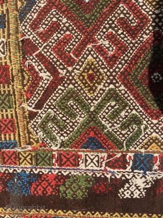 Ancient Shahsavan embroidered kilim. Rare piece, for reference see Tanavoli. Natural brown wool embroidered with large sprawled hooked pattern, reminiscent of Kazak kilims. Best colors, white is cotton. One red dye deeply  ...