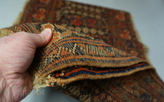Mouthwatering Afshar mafrash long panel with seven botehs. Small pomegranates in each boteh, different hue diagonally. Refined piece and displays dramatically. Soft wool like you only find on an old Afshar. Camel  ...