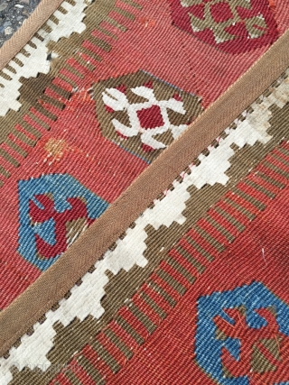 Obruk kilim, 1st half 19th century (older than most). Excellent proportions, yuncu-like drawing. Gorgeous apricot and purple, lazy lines. Top reduced, all sides secured with protective band. Many gorgeous details. Some old  ...