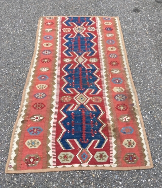 Obruk kilim, 1st half 19th century (older than most). Excellent proportions, yuncu-like drawing. Gorgeous apricot and purple, lazy lines. Top reduced, all sides secured with protective band. Many gorgeous details. Some old  ...