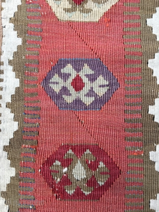 Obruk kilim, 1st half 19th century (older than most). Excellent proportions, yuncu-like drawing. Gorgeous apricot and purple, lazy lines. Top reduced, all sides secured with protective band. Many gorgeous details. Some old  ...