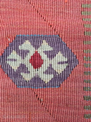Obruk kilim, 1st half 19th century (older than most). Excellent proportions, yuncu-like drawing. Gorgeous apricot and purple, lazy lines. Top reduced, all sides secured with protective band. Many gorgeous details. Some old  ...