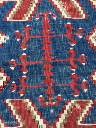 Obruk kilim, 1st half 19th century (older than most). Excellent proportions, yuncu-like drawing. Gorgeous apricot and purple, lazy lines. Top reduced, all sides secured with protective band. Many gorgeous details. Some old  ...