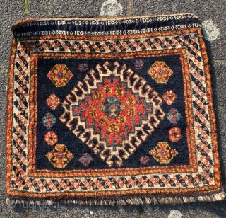 Luri bagface with exceptional colors and rare border. Goat hair warps. Glossy wool, spacious placing of the filler motifs. Size 22.8 x 20 inch  (58 x 51 cm). You can reach  ...