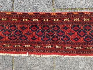 Large Turkmen Shemle gul jollar (Saryk?). Gorgeous colors, full pile, nip at the left hand corner. 19th century, my feeling is last third (around 1870). Good signs of tribal use (sagging in  ...