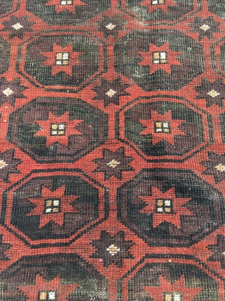 Baluch main rug with unusual field design. Deep corrosion, wear. 6,46 x 4,36 ft (197 x 133 cm). As found, not cleaned. Rugrabbit link not working? Email me directly at alexanderbakker@flairforflavor.com.  