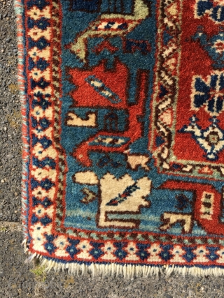 Peacock border on a Qashqai small rug, personal sitting rug? Gabbeh style drawing, scattered totemic motifs. Thick pile, soft wool, excellent colors. Nice Qashqai gol in the middle. Very good condition, two  ...