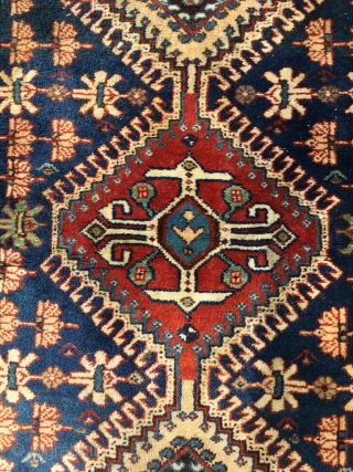 Peacock border on a Qashqai small rug, personal sitting rug? Gabbeh style drawing, scattered totemic motifs. Thick pile, soft wool, excellent colors. Nice Qashqai gol in the middle. Very good condition, two  ...